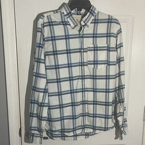 Hollister Mens Large Plaid Button Down Shirt Stretch Long Sleeve Blue White